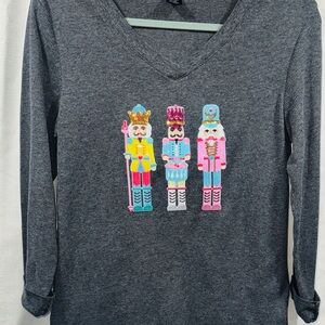 Girls Christmas Waffle knit top with Nutcracker appliqués